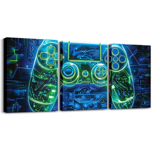 Hieng Green Blue Gamer Canvas Wall Hieng for Living Room Tech Line Gaming Picture Wall Decor for Dining Room Bedroom Bathroom Game Lovers Wall Hieng Kitchen Print Painting for Home Decor