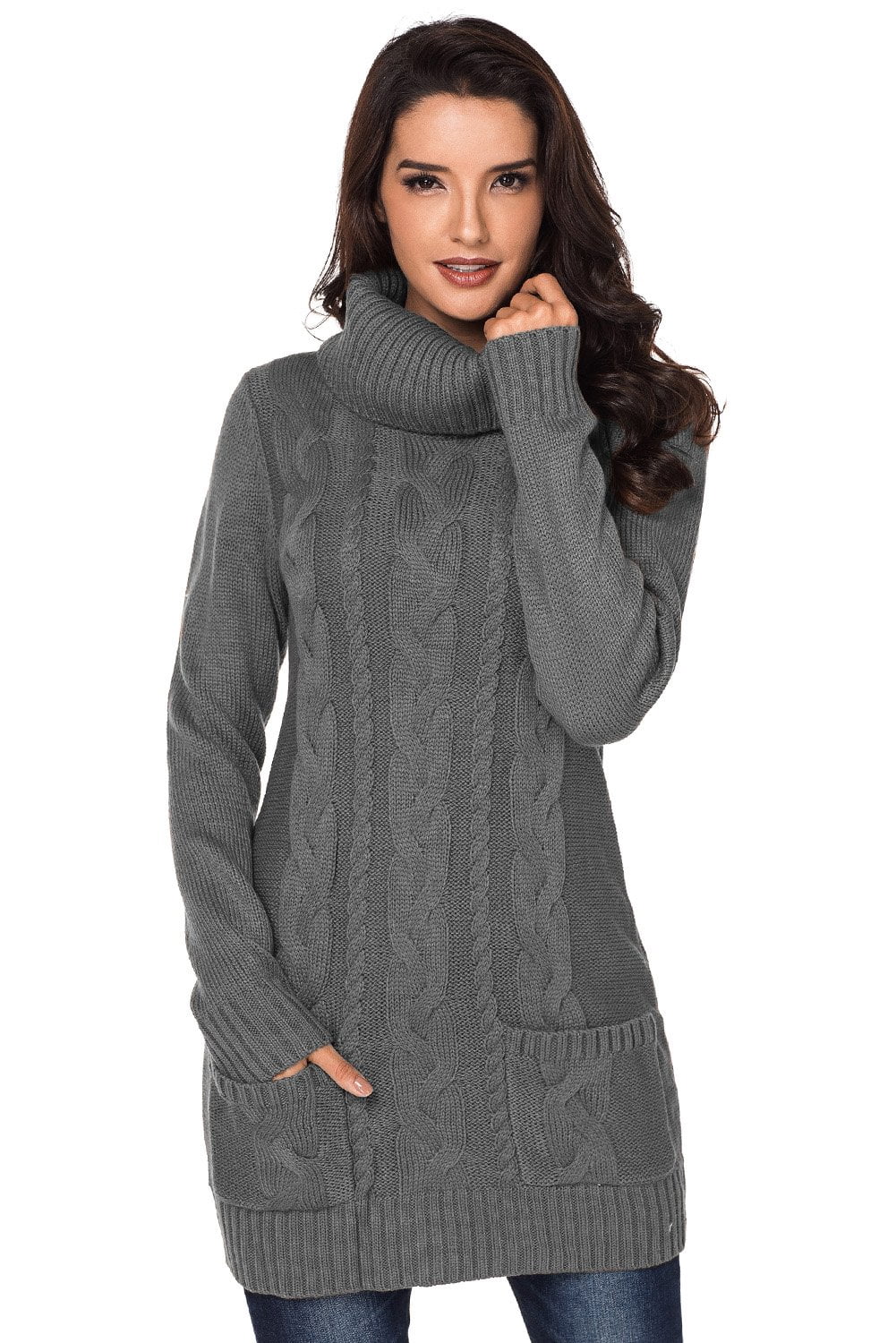 Women Gray Cowl Neck Cable Knit Sweater 