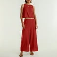thumbnail image 4 of Women's Solid Color Linen 2 Piece Set Sleeveless Crop Top With Buttons And Wide Leg Pants Women Summer Capri Pants, 4 of 8