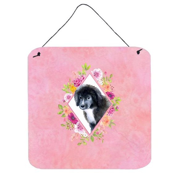 Carolines Treasures CK4164DS66 6 x 6 in. Newfoundland Puppy Pink Flowers Wall or Door Hanging Prints