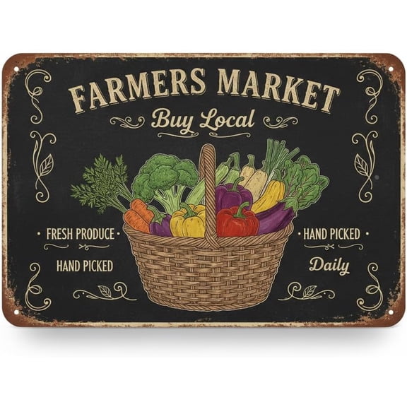 Farmers Market Buy Local Retro Metal Tin Sign, 8 x 12 Inch Vintage Wall Decor for Home Bar Kitchen Garage Man Cave