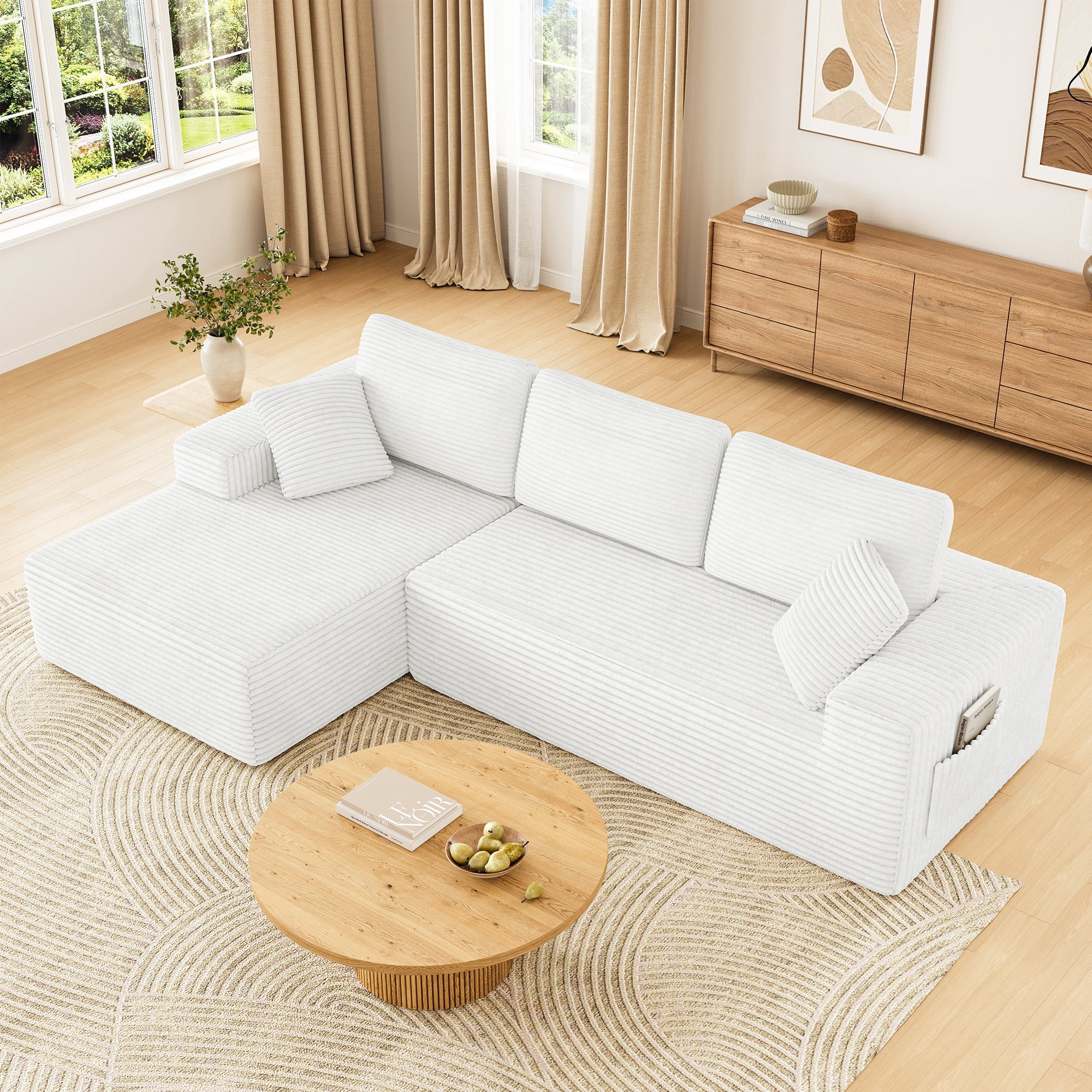 108" Boneless Sofa for Living Room, Neche Modern L-Shaped Corduroy Sectional, Modular Cloud Couch with Deep Seating Upholstered Sofa, Oversized,No Assembly, White