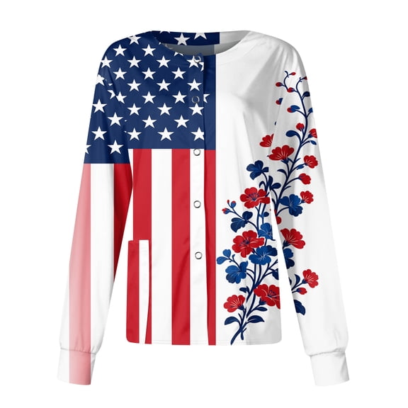 Cozyfit Scrubs Jackets for Women Vintage American Flag Graphic Print Scrub Nurse Shirts Plus Size Crew Neck T Shirts Long Sleeve Scrub Top Independence Day Dressy T Shirts Summer Clothes