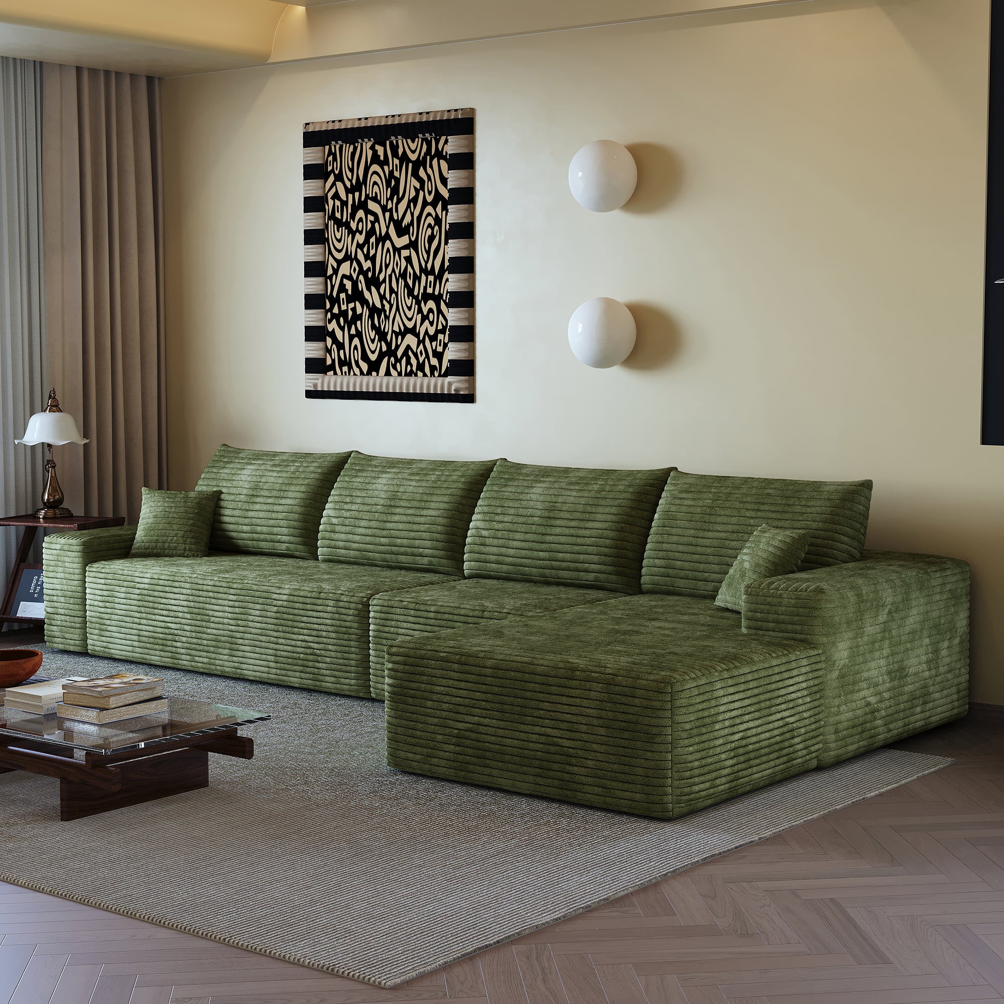 Sailvan 135" Cloud Sectional Couch, Cloudy Sofa with L-Shape Chaise, Upholstered Couches for Living Room & Bedroom, No Assembly Required, Plush Corduroy Fabric, Green