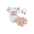 thumbnail image 1 of Gupgi Newborn Baby Girls 3 Piece Summer Outfits Set, Infant Letter Embroidery Ribbed White Romper+Layered Ruffled Floral Shorts+Bow Headband, 1 of 9