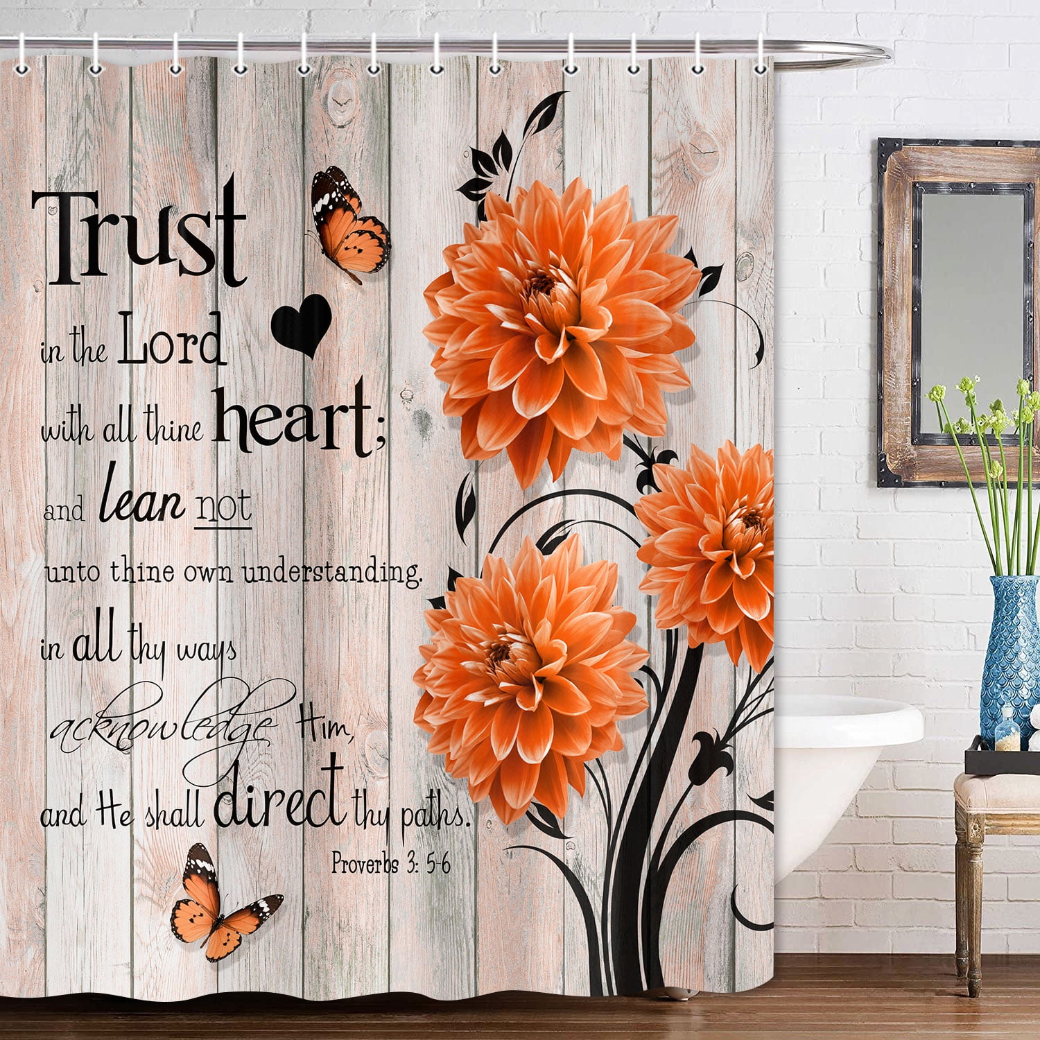 Rustic Orange Dahlia Farmhouse Shower Curtain - Washable Fabric Bath Set with Hooks, 72x84 Inch