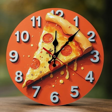 Wall Clock Decorative - Retro Orange Pizza Print 2D Vintage Wall Clocks Battery Operated Silent Non-Ticking for Bedroom, Living Room, Kitchen, Office, Classroom, 10 Inch