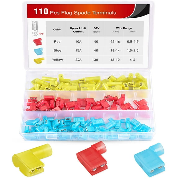 Nilight 50047R 110pcs Nylon Flag Spade Female Insulated Quick Disconnects 22-18 16-14 12-10 Gauge Electrical Crimp Terminals Connector Assortment Set