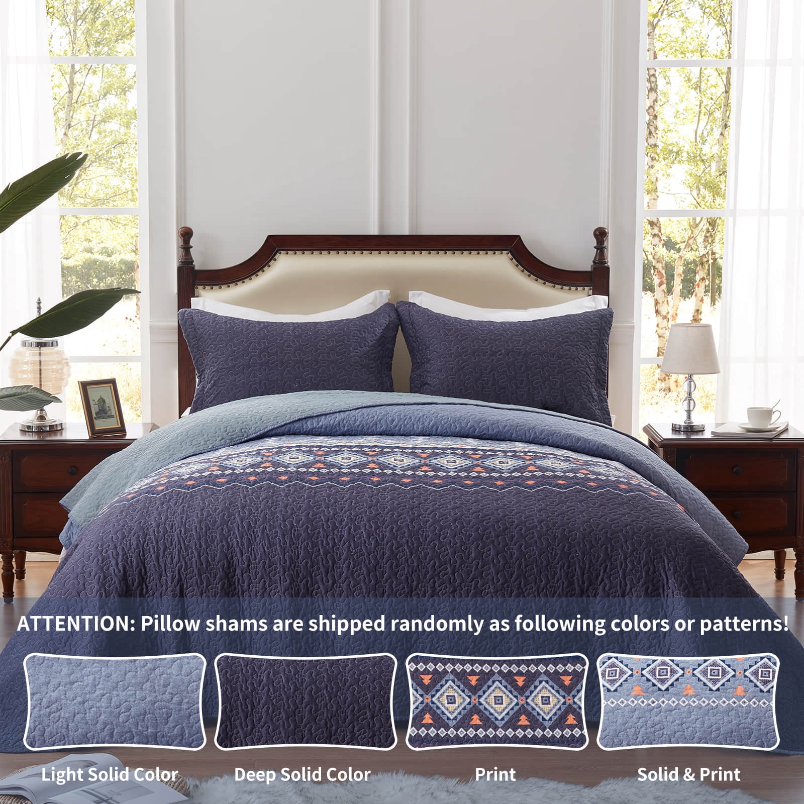 3-Piece King Size Quilt Set - Blue Bohemian Bedspread Coverlet with 2 Pillow Shams, Microfiber