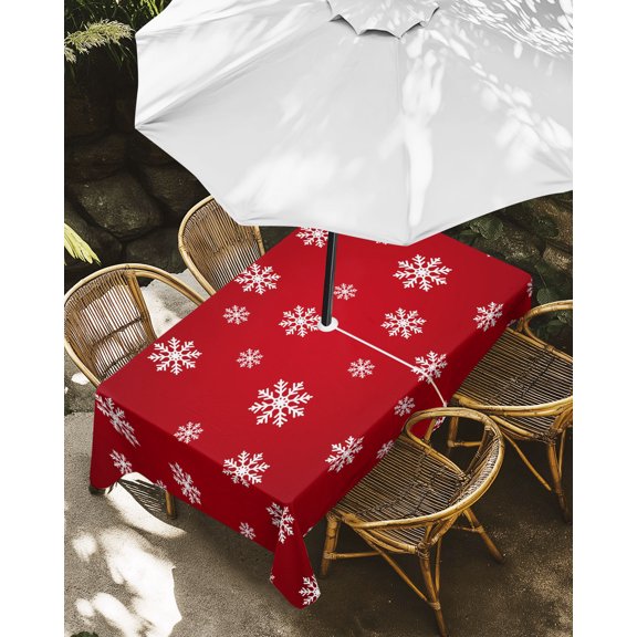 Outdoor Tablecloth with Umbrella Hole, Christmas Winter Snowflake Zippered Table Cloth for Rectangle Tables, Snowflake Vintage Red Washable Waterproof Tablecloths for Picnic Patio Garden