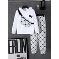 thumbnail image 3 of Mikrdoo Big Boys Fall Winter Outfits Letter Print Casual Pullover Hoodies Fashion Full Print Pants With A Satchel 3Pcs Clothes Set (7-15Y,White), 3 of 9