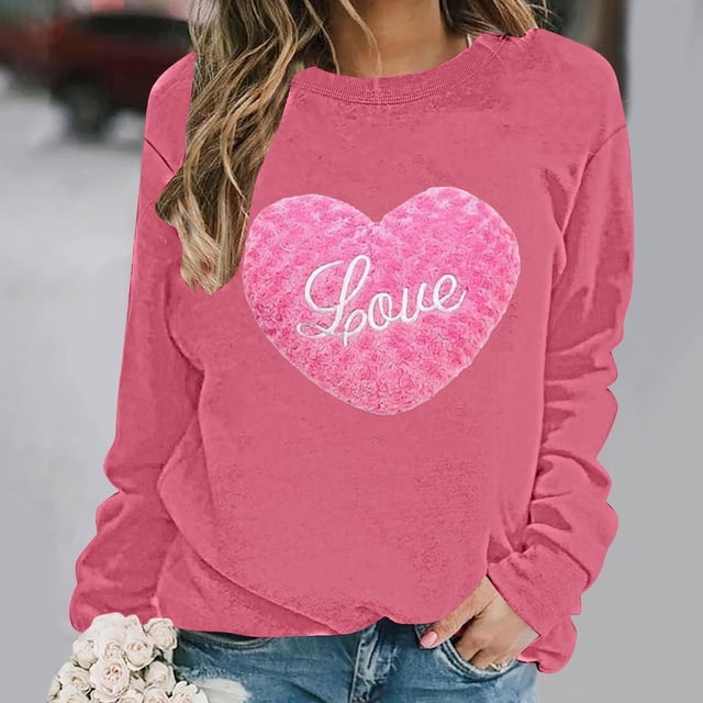 ICHUANYI Chandail à Col Rond pour Femmes de la Saint-Valentin avec Graphique de Cœur Imprimé, Col Rond, Décontracté, Ample, Chandail à Capuchon, Blouse à Manches Longues, Hauts