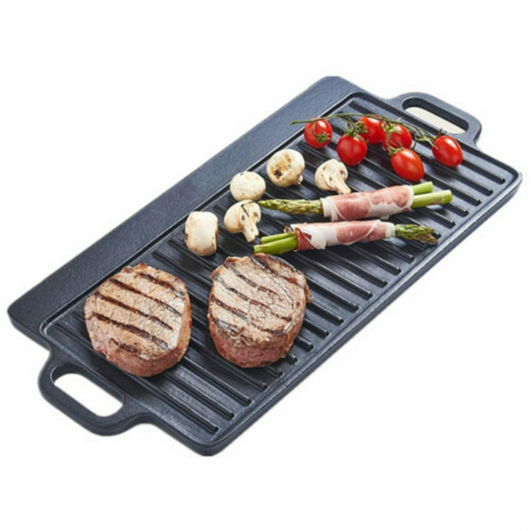 Overmont Pre-seasoned 17x9 Cast Iron Reversible Griddle Grill Pan with  handles for Gas Stovetop Open Fire Oven, 1 tray