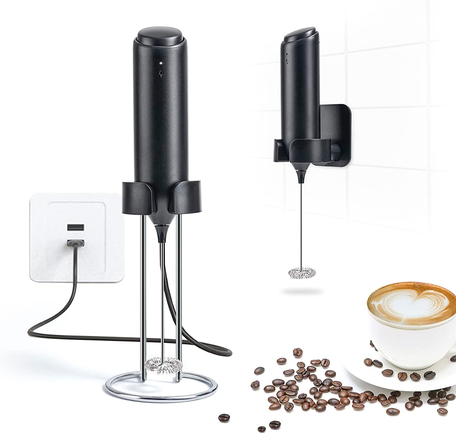 Milk Frother Handheld, Frother with Wireless Charging Base, USB C