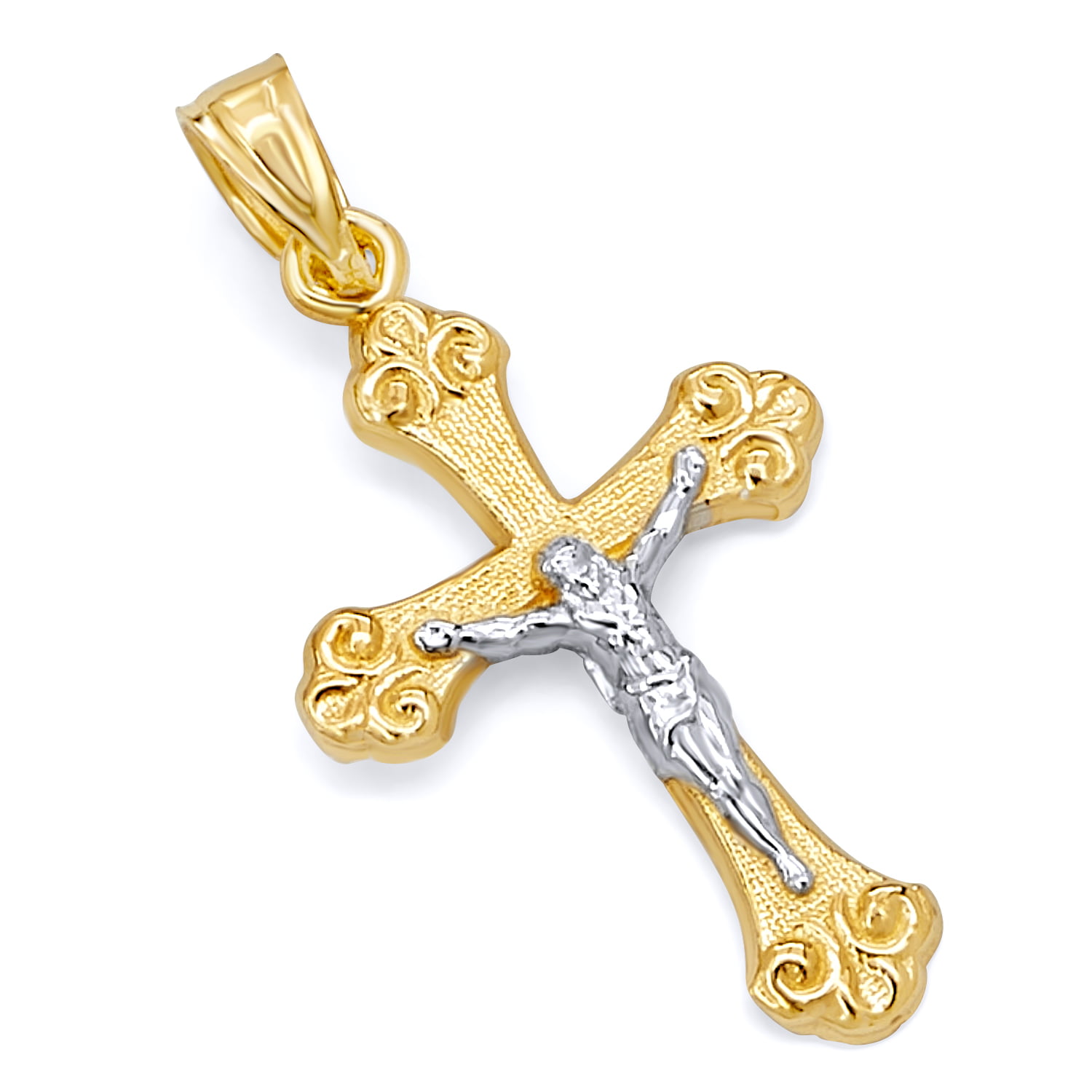 Wellingsale 14K Two 2 Tone White and Yellow Gold Polished Diamond Cut Ornate Religious Catholic Gothic Crucifix Pendant with CZ Accents 