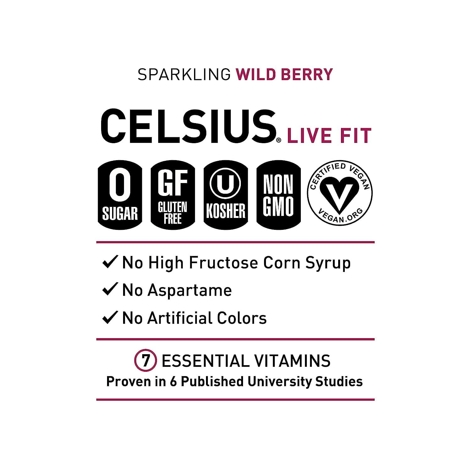 CELSIUS Sparkling Wild Berry, Functional Essential Energy Drink, 12 Fl Oz Pack of 24