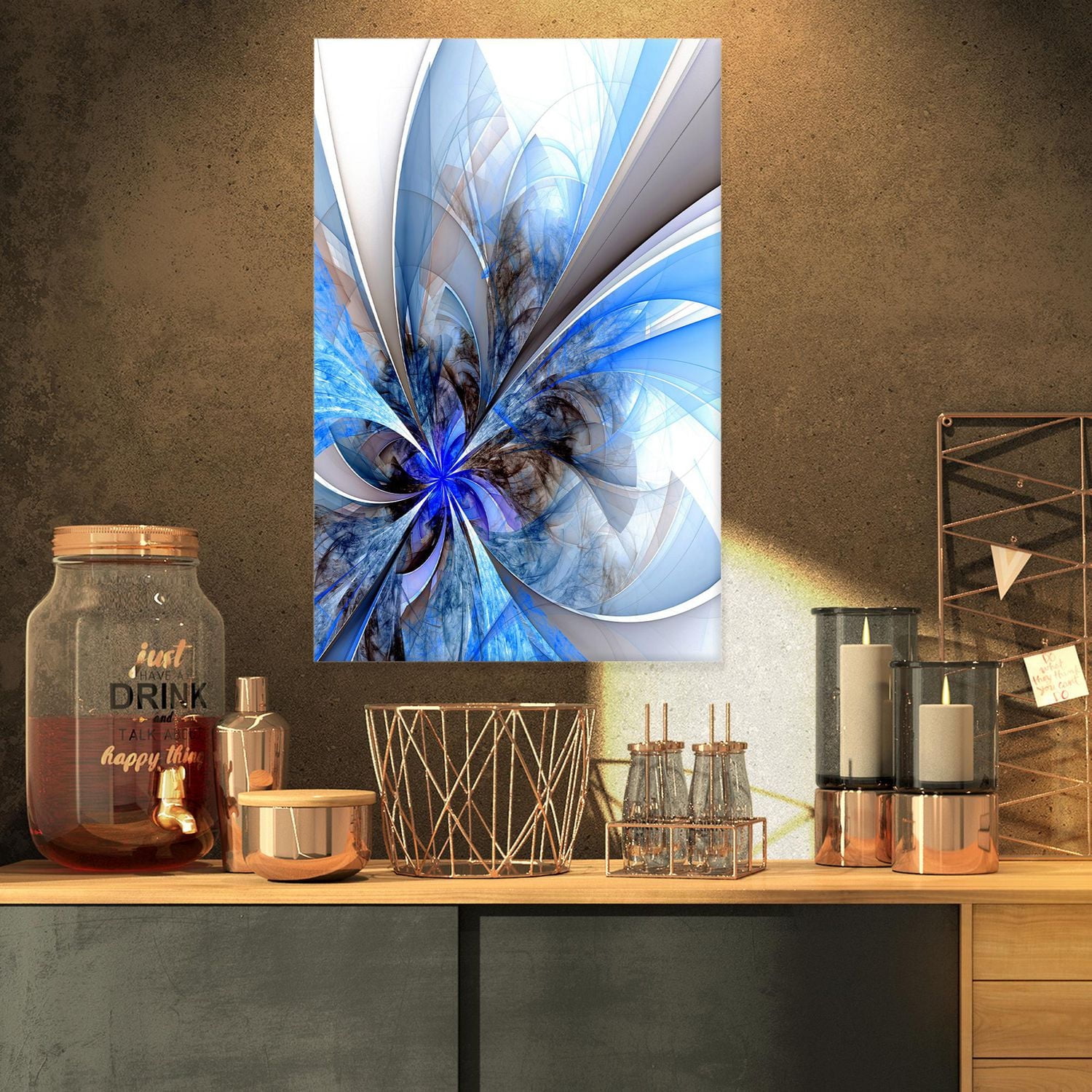 Designart Symmetrical Large Blue Fractal Flower Canvas Wall Art