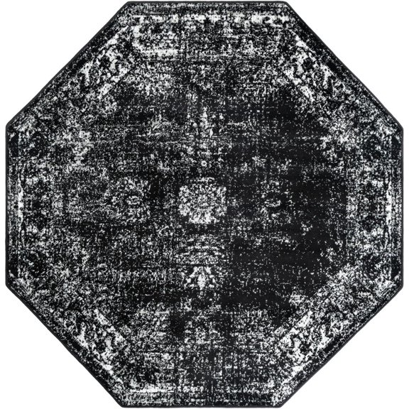 Rugs.com Monte Carlo Collection Rug – 6' Octagon Black Medium Rug Perfect For Living Rooms, Kitchens, Entryways