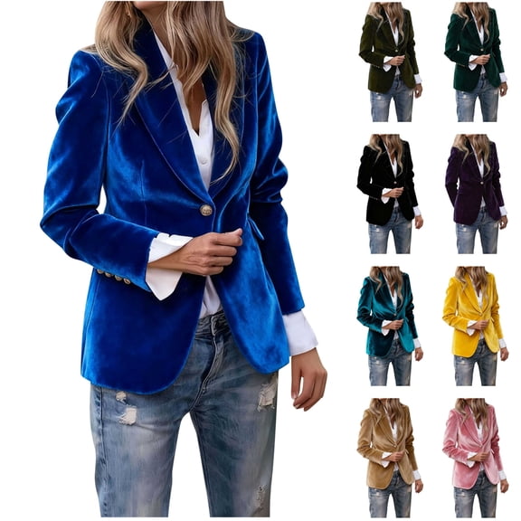 BiZtdJrK Women's Velvet Suit Jacket Long Sleeve Button Up Blazer Business Casual Coat for Work Office Fall Winter Outfits, Purple, S