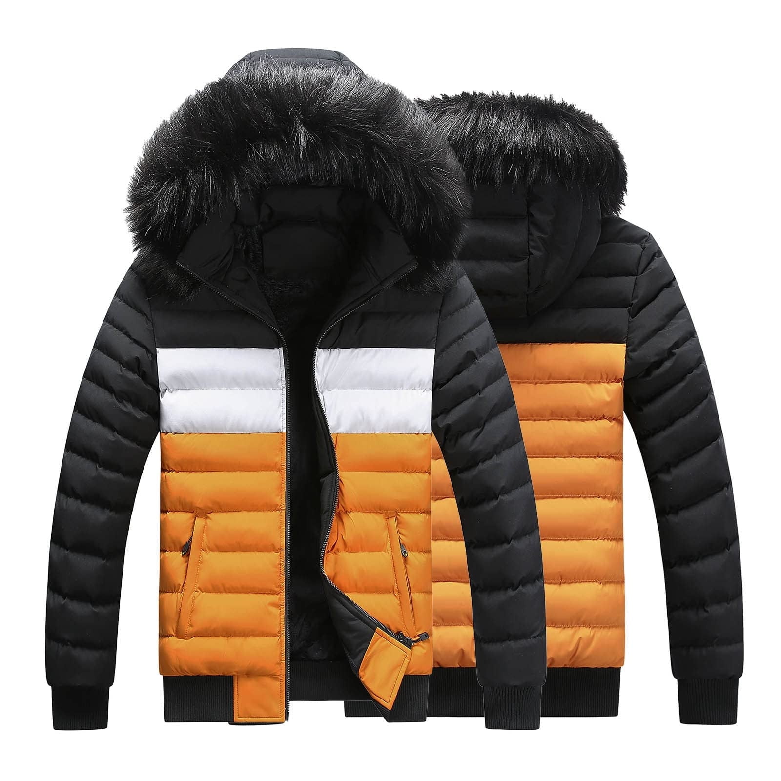 ジャケット・アウター Fur-Hooded Puffer Jacket Mens Puffer Jacket with Faux Fur Hood Full Zip Up Hooded