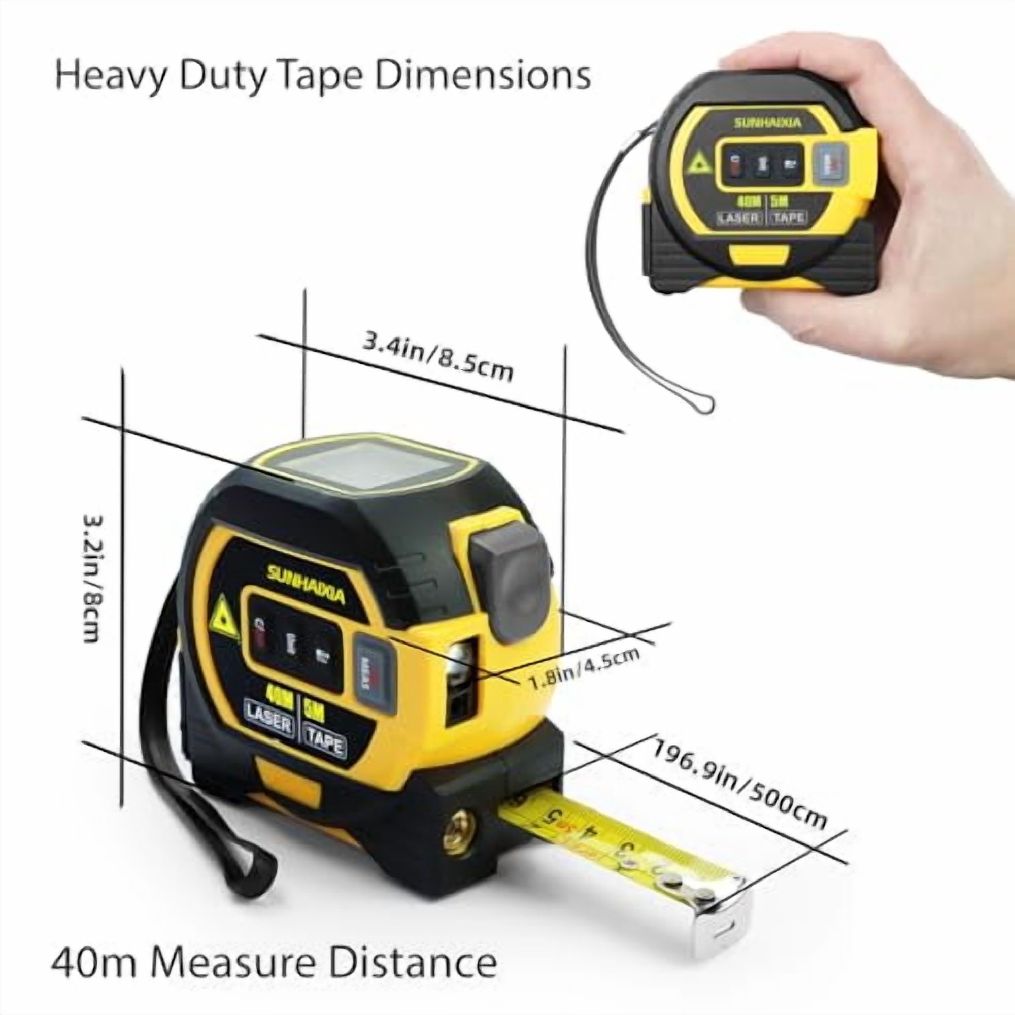 Laser Tape Measure 3-in-1 with Large LCD Display | Digital Laser Measurement Tool in/ft/m Scales up to 131ft/40M with calculations | Tape Measure 16ft/5M and Cross Line Laser Yellow$$Tools