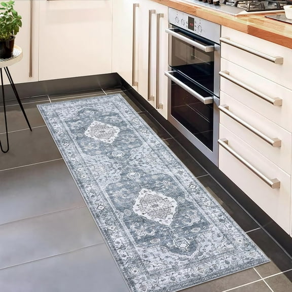 Runner Rugs 2x6 - Machine Washable, Low Pile, Non Slip Carpet, Boho Floral Area Rug for Living Room, Bedroom, Laundry Room, Kitchen, Gray