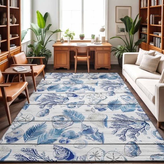 8'x10' Area Rugs, Coastal Nautical Indoor Outdoor Area Rug for Living Room Bedroom, Summer Ocean Corals Wooden Grain Blue Washable Bathroom Rugs Kitchen Floor Carpet Mats Home Decor Aesthetic