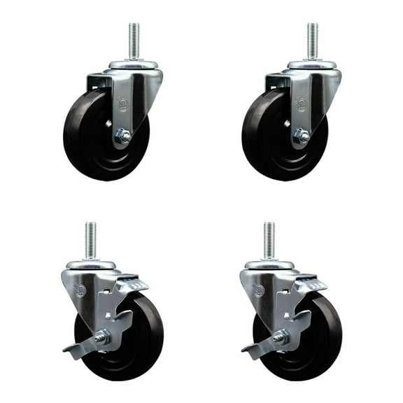 4 Inch Soft Rubber Wheel Swivel 3/4 Inch Threaded Stem Caster Set 2 Brakes SCC