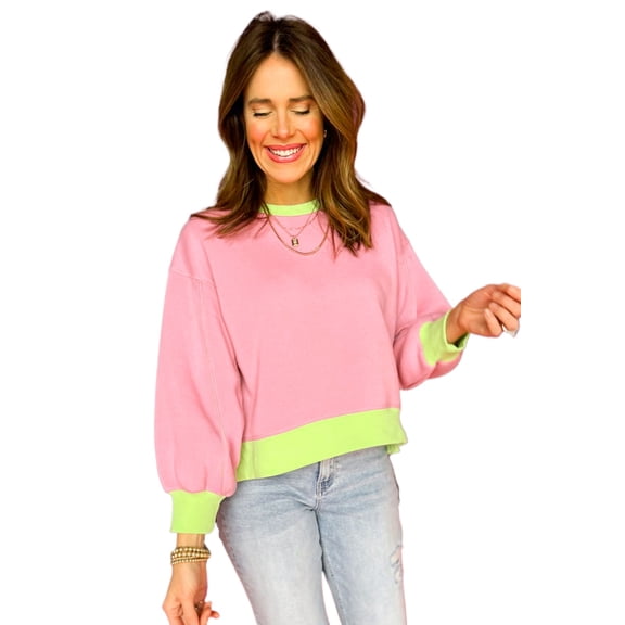 Women's Pink Colorblock Bubble Sleeve Fleece Sweatshirt