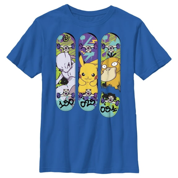 Boy's Pokemon Mewtwo, Pikachu, and Psyduck Skateboard Decks  Graphic Tee Royal Blue X Small