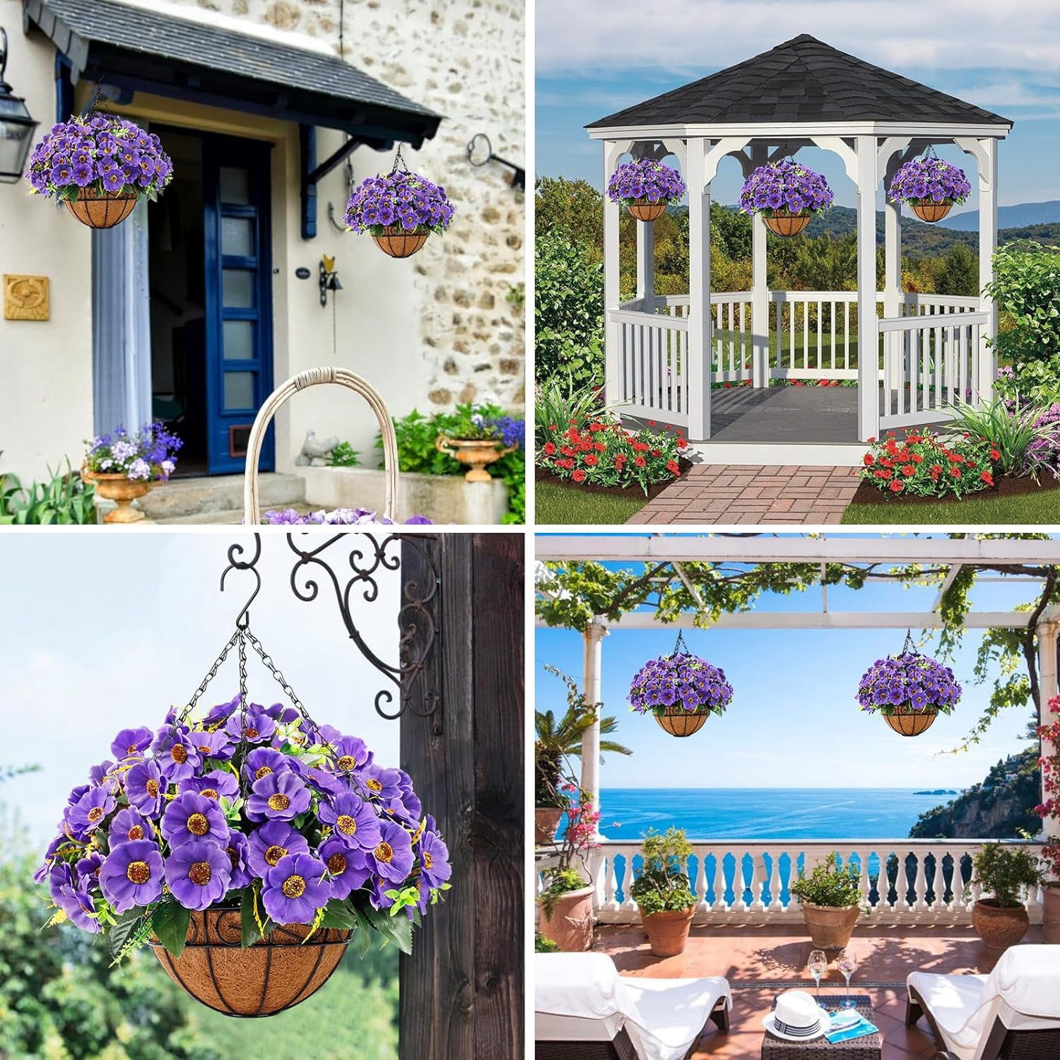 Artificial Hanging Flowers Basket, Fake Plants, Faux Silk Daisy Eucalyptus, for Spring Summer Outdoor Decoration, UV Resistant, Coconut Planter, Look Real for Patio Garden Yard Decor (Pink)