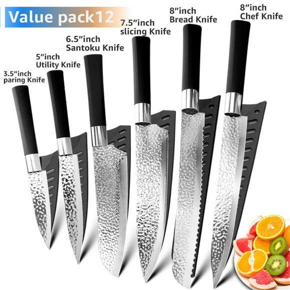 Akatsuki Ensemble de Couteaux de Cuisine Couteau Santoku Japonais Fait Main Couteau de Chef Martelé Lame Antiadhésive avec Gaine pour Viande Fruit Légume