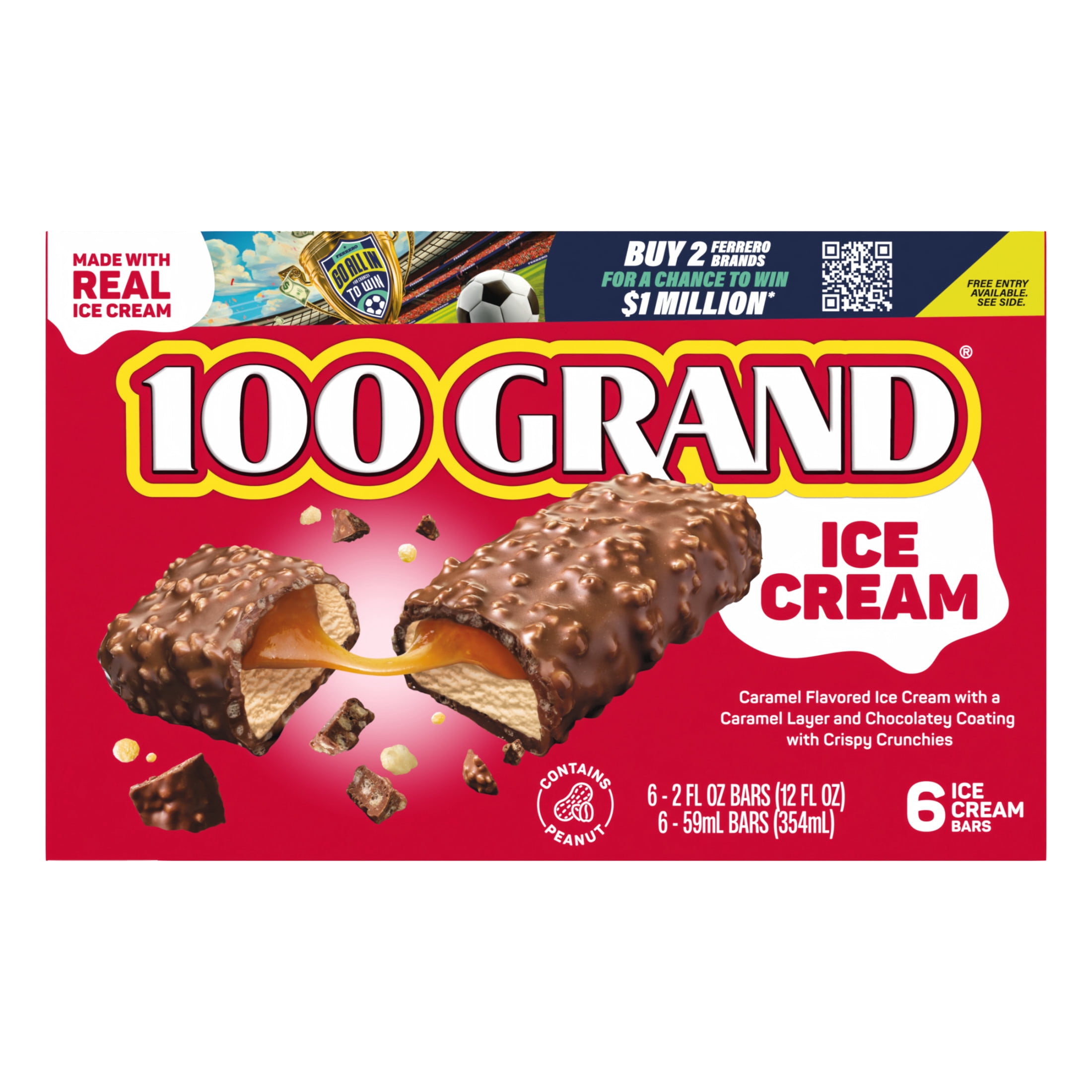 100 Grand Ice Cream Bars with Caramel, Crispy Crunchies & Chocolatey Coating, 6 pack, Frozen Dessert