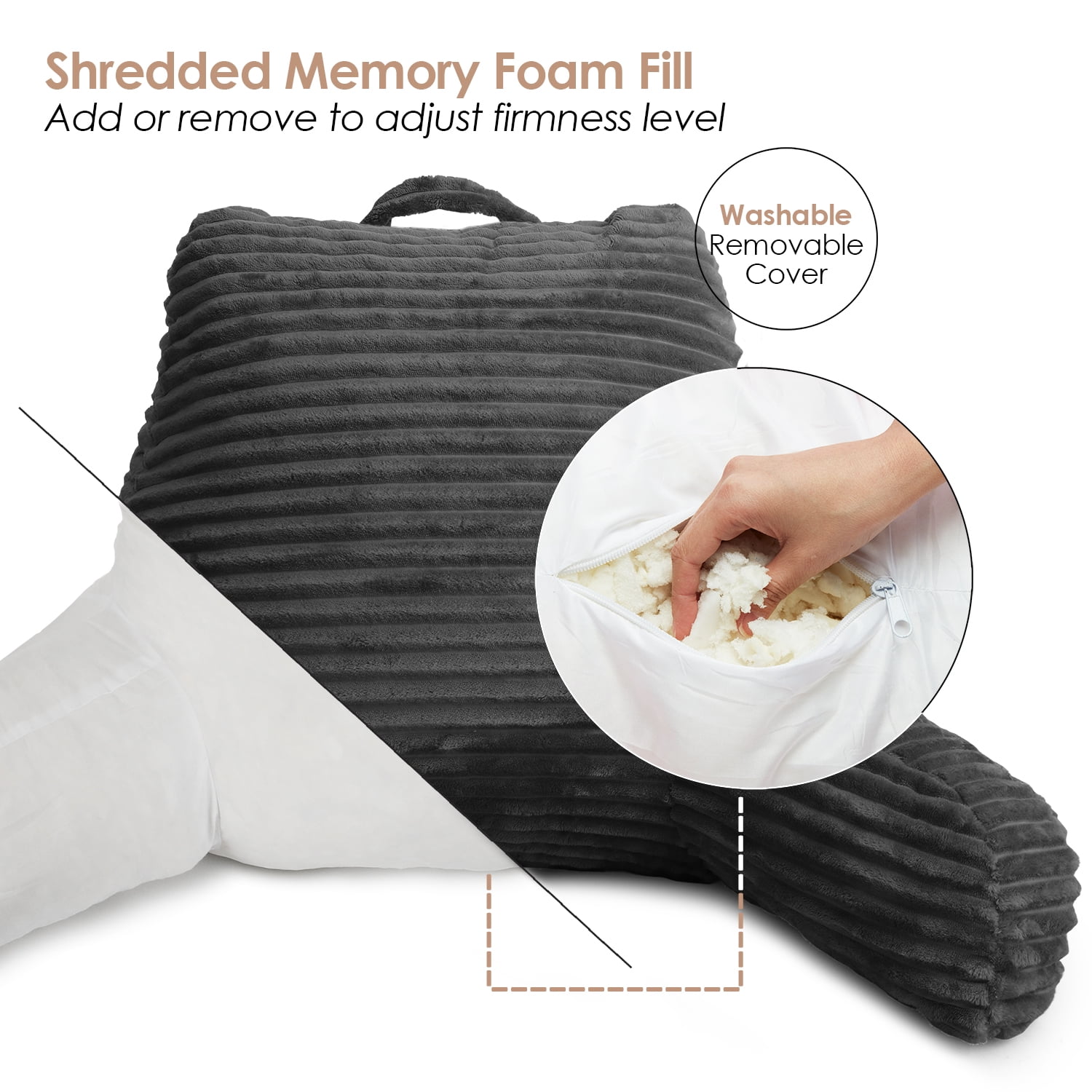 Clara Clark Backrest Reading Pillow, Back Support Pillow with Arms, Shredded Memory Foam Bed Rest Pillow, Medium, Dark Gray