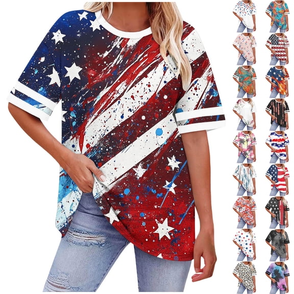 NSLGXD Plus Size Top for Women Stars and Stripes Print Oversized Tshirts Casual Round Neck Summer Graphic Tees S-5XL