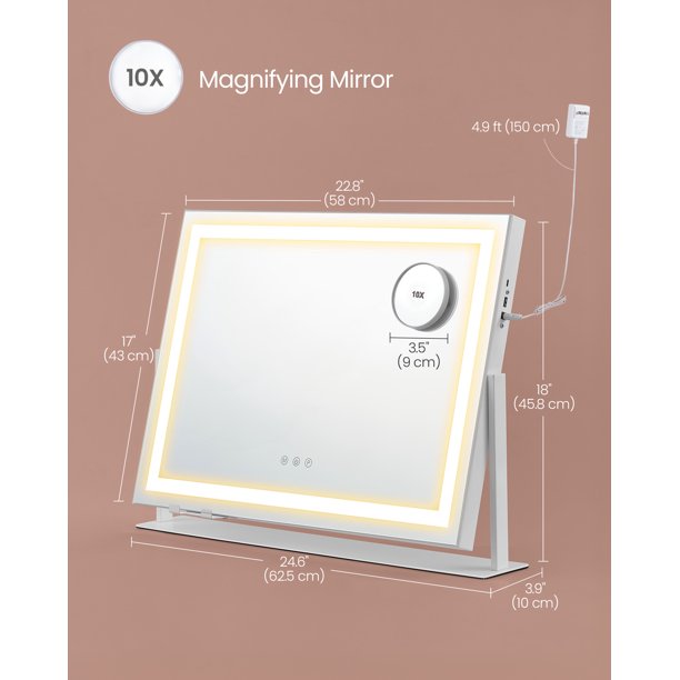 PUVLISZ Miroir de maquillage avec lumières, 21 lumières LED, écran tactile, grossissement x10, rotation libre à 180°, double alimentation PUVLISZ Miroir de maquillage avec lumières, 21 lumières LED, écran tactile, grossissement x10, rotation libre à 180°, double alimentation