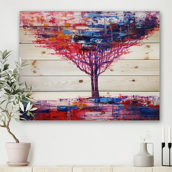 Designart 'Abstract Colorful Tree Impressionist On A White' Modern Print on Natural Pine Wood