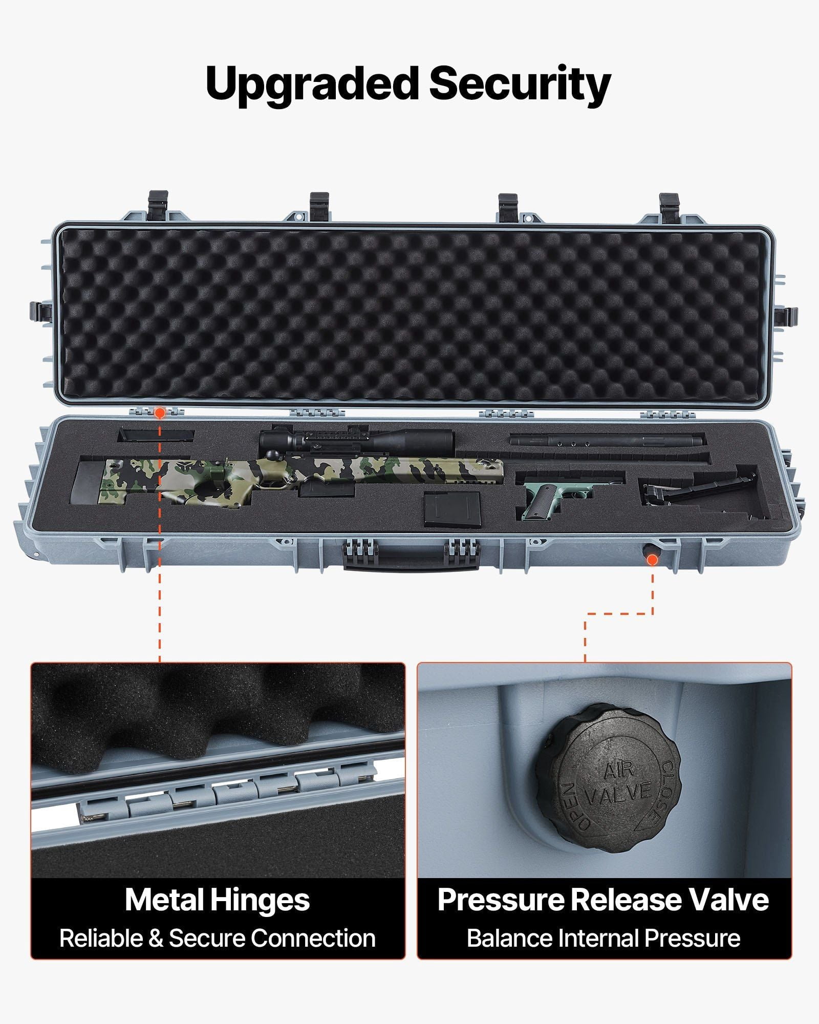 Hard Rifle Case, Lockable Rifle Case with Pre-cut Foams, 50 in Movable Gun Storage with Wheels, IP67 Waterproof & Dustproof Pistol Storage for Rifle, Shotgun, Airsoft Gun, Grey