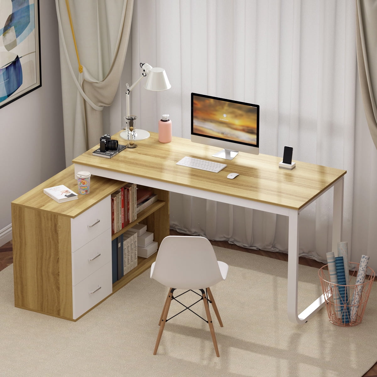 L-Shaped Computer Desk, 55 Inch Executive Office Desk with ...