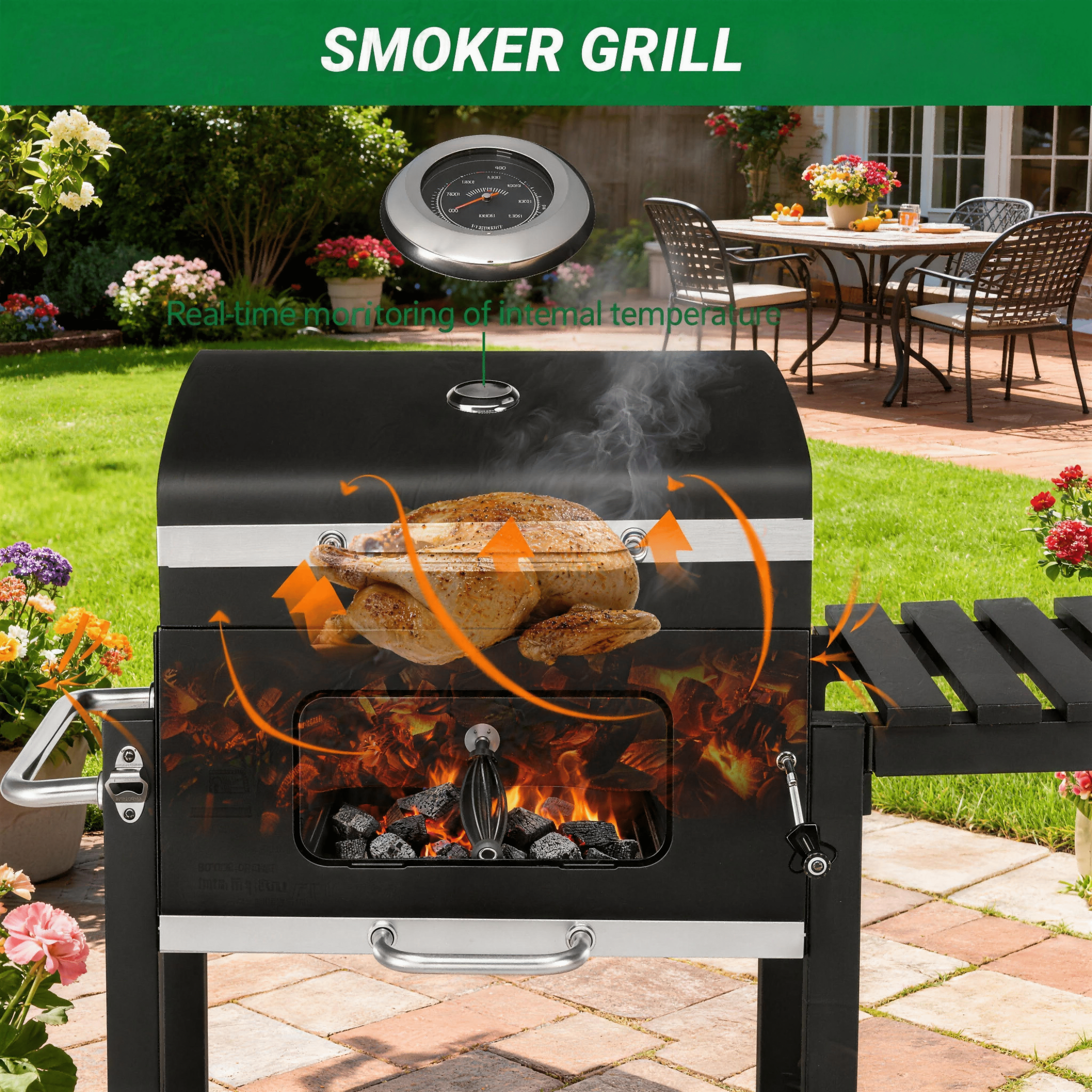LODZPK Charcoal Grill with Foldable Side Table & Wheels, Heavy-Duty for Patio Garden Grilling