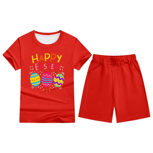 XDZJLR Ensemble de Pyjama pour Tout-Petits Filles Garçons Imprimé de Pâques T-Shirt à Manches Courtes et Shorts Rouge 6-7 Ans