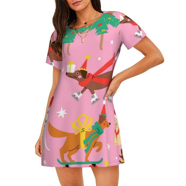 Disketp Different Dogs Christmas para Camisón Corto de Manga Corta para Mujeres, Camisón Cómodo con Escote Redondo, Bonito y Confortable