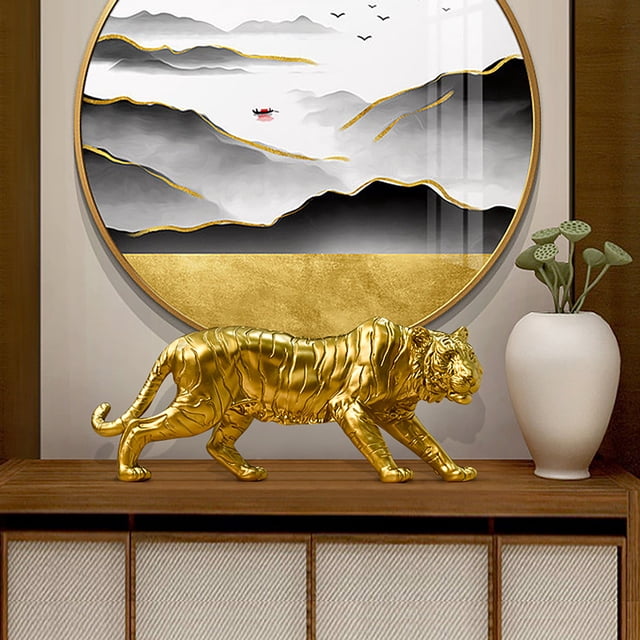 Adornos De Tigre Adornos de estatua de animales de tigre del zodiaco dorado 3D de resina para gabinete de TV de sala de estar