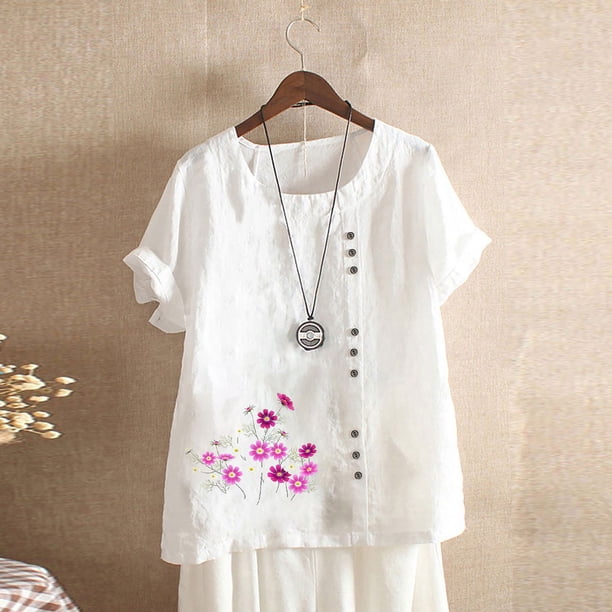 Fiudx Ropa de Mujer Blusa Informal y de Lino con Botones y Manga Corta Estampada para Mujer