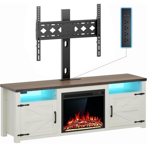 ROCHECASA Fireplace TV Stand, Farmhouse TV Mount Stand for 32-75 inch TVs with Charging Station LED Lights, Entertainment Center with Storage for Bedroom, Living Room, 55" (55")