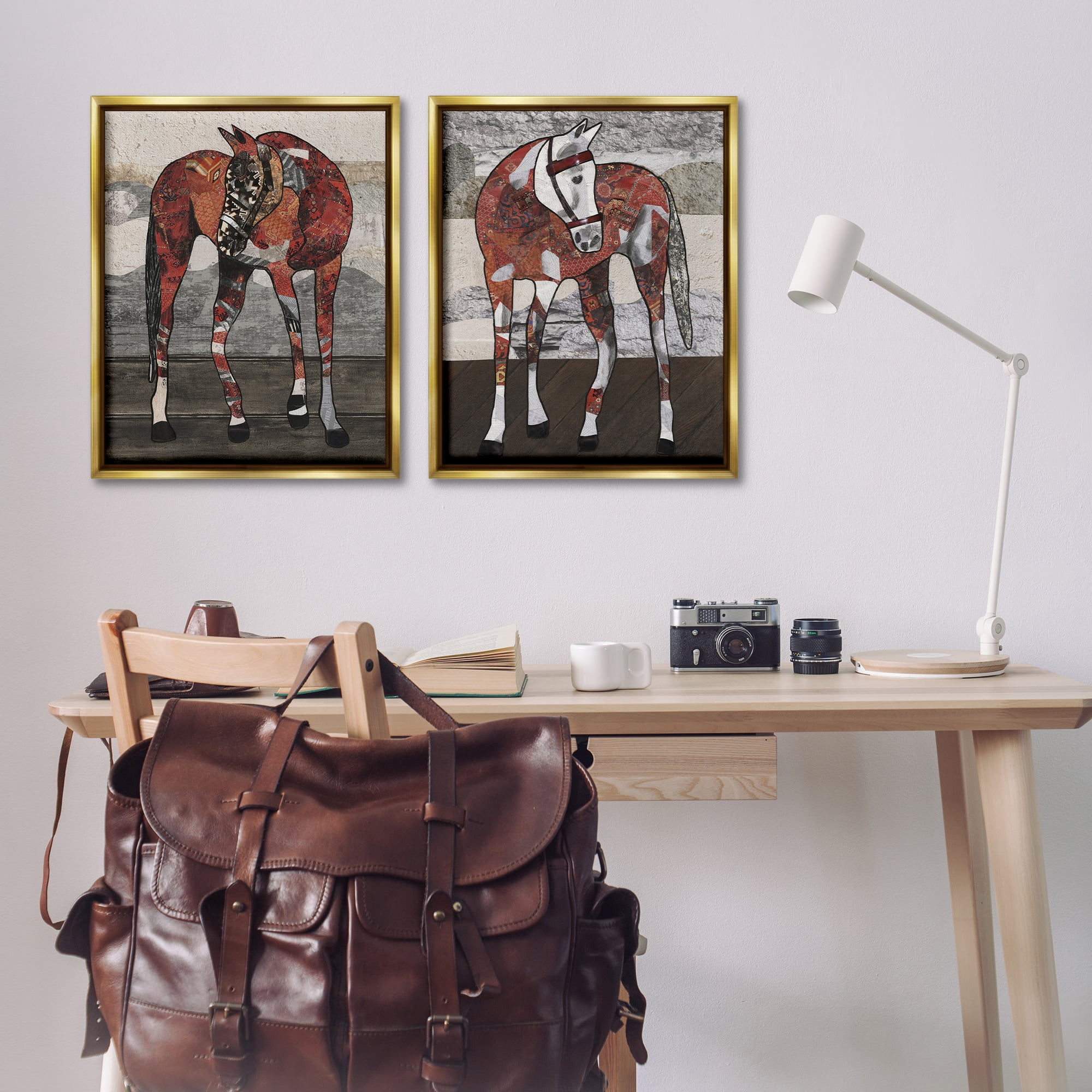 Stupell Industries Abstract Patchwork Horses Animals Painting Gold Floater Framed Canvas Art Print Wall Art, 31 x 25, Set of 2
