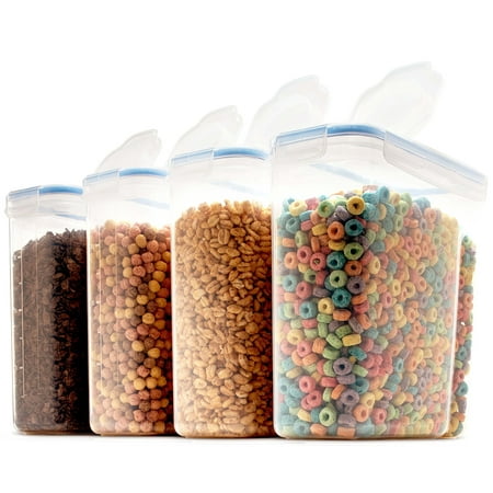 Set of 4 Large Cereal & Dry Food Storage Containers BPA-Free Plastic Container Airtight Lid Suitable for Cereal, Flour, Sugar, Coffee, Rice, Nuts, Snacks, Pet Food & More (4L, 16.9 Cup, 135.5