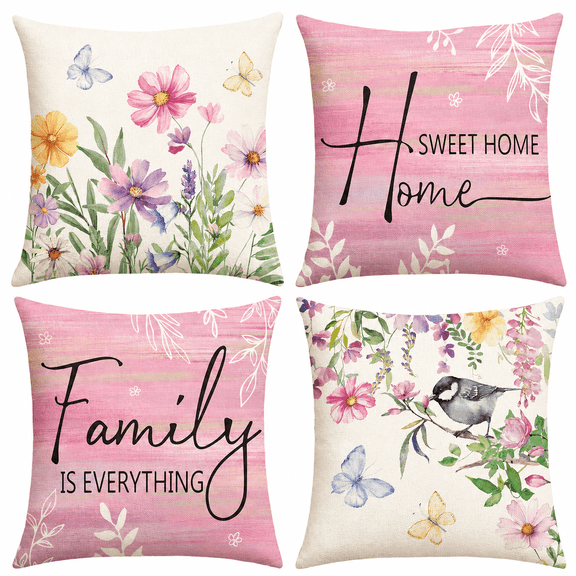Spring Saying Flowers Butterfly Pink Throw Pillow Covers, 18 x 18 Inch Home Sweet Home Cushion Case for Sofa Couch Set of 4