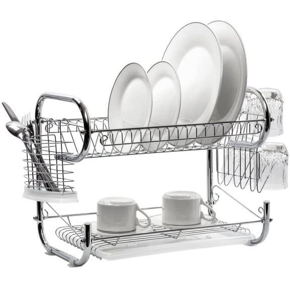 J&V TEXTILES Dish Drying Rack, Stainless Steel 2-Tier Dish Rack with Utensil Holder, Cutting Board Holder and Dish Drainer for Kitchen Counter 23-Inch