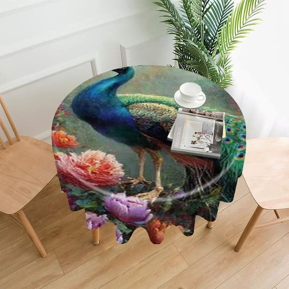 RKSupls 60 Inch Round Tablecloth, Peacock Flowers Garden Premium Polyester Straight Edge Wrinkle Resistant Washable Table Cover for Party Home Dining Decor